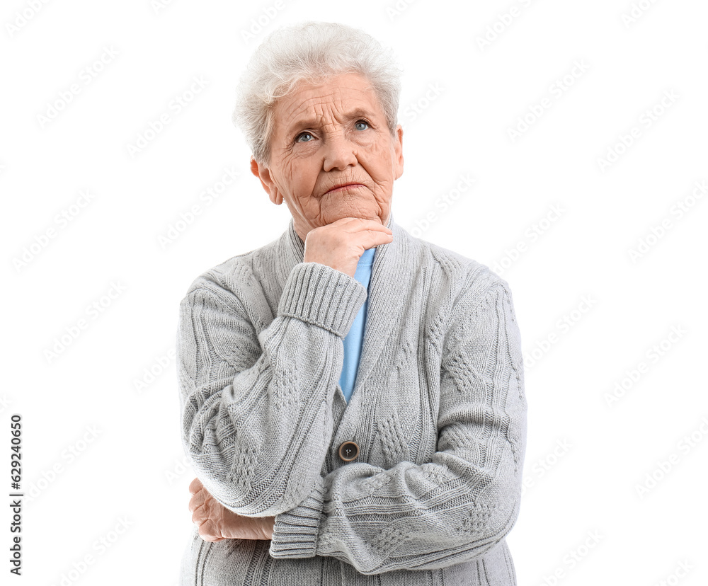 Thoughtful senior woman on white background