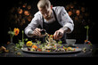© Maksym - Create a visually captivating scene of a chef plating a dish, with a meticulous arrangement of ingredients, displaying the kitchen's dedication to culinary finesse.' Generative AI