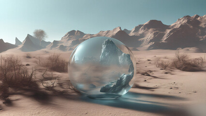 Wall Mural - 3d Render, Scifi Landscape Futuristic post apocalyptic scenario with abstract alien landscape. Glass object.