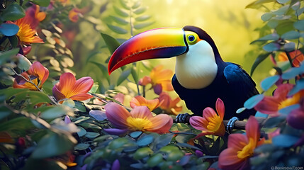 Wall Mural - a toucan sitting in a tree surrounded by purple and yellow flowers and leaves with a bright colored beak on its head and a bright background of green leaves.