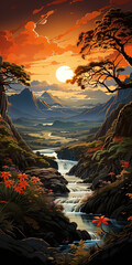 Wall Mural - background ai, tropical jungle landscape, dense green misty fantasy forest. horizontal exotic fashio