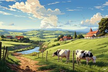 Vector Graphics Of Rural Landscapes With Dairy Farms And Herd Cows