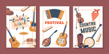 Country Music Instrument-themed Banners. Vibrant Displays Featuring Guitar, Fiddle, Banjo, And Accordion, Illustration