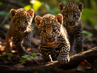 Several Baby Jaguars Playing Together in Nature
