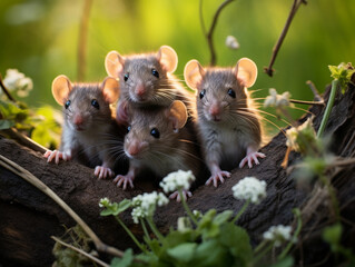 Wall Mural - Several Baby Rats Playing Together in Nature