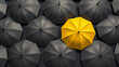 Among a crowd of black umbrellas, the yellow one signifies the business concept of standing out for selection, exuding vibrancy and capturing attention