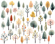 Collection Of Watercolor Scandinavian Trees. Cute Abstract Colored Trees. Trendy Scandi Vector Plants.