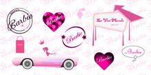 Set Of Barbie In The Car On The Background Pattern Of Barbie Lettering, Barbie Stamp, Inscriptions, Hearts