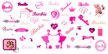 A Large Set Of Barbie Lettering, Stamps, Silhouettes Of Barbie, Car For Barbie Isolated On A White Background
