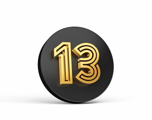 Wall Mural - 3d rendering of a black and gold button with the number thirteen.