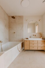 Elegant bathroom with white marble walls and wooden furniture, perfect minimalistic design