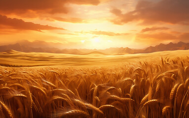 Wall Mural - Golden wheat field at sunset. Landscape illustration