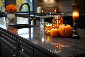Wall Mural - kitchen interior autumn decoration, Halloween, pumpkin, kitchen island countertop, modern kitchen, fall season decor, copy space, banner