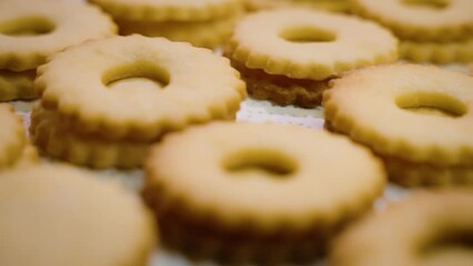 Sticker - Closeup shot of baked shortbread Linzer cookies on a tray.