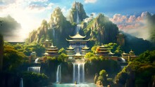 Anime Background Temple Of Heaven With Waterfall Video Footage Beautiful View Background Looping Scenery 4k Quality	
