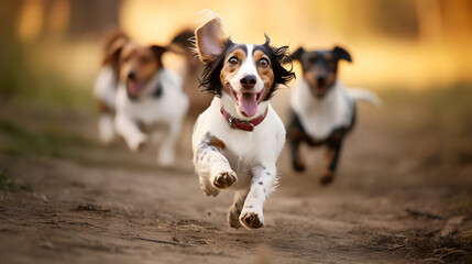 Wall Mural - funny piebald dachshund photo of dogs in motion