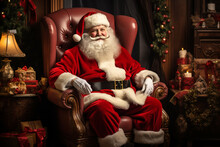 Traditional Santa Claus Sitting In His Arm Chair In A Christmas Decorated Living Room