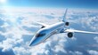 Modern futuristic supersonic passenger jet over clouds