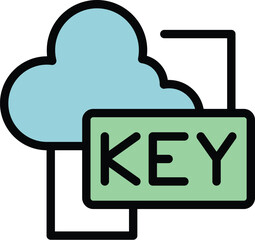 Sticker - Cloud data key icon outline vector. Factor verification. Code login color flat