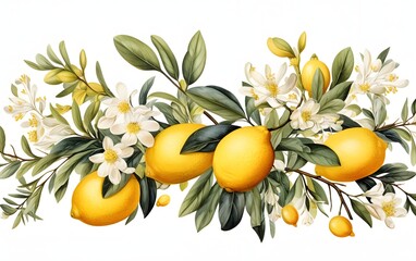 Wall Mural - Beautiful hand drawn watercolor lemon on branch. Ink painting fruits. generative ai
