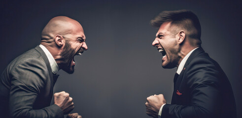 Two businessmen facing each other, with aggressive facial expressions, on a dark background, copy space