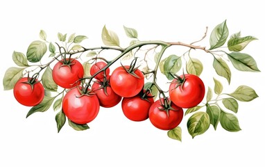Wall Mural - Beautiful hand drawn watercolor tomato on branch. Ink painting vegetable.  generative ai