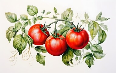 Sticker - Beautiful hand drawn watercolor tomato on branch. Ink painting vegetable.  generative ai
