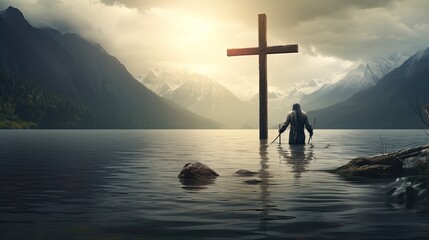 Carry Your Cross: Embracing Faith in Jesus Christ and God's Holy Lake in Christianity. Generative AI