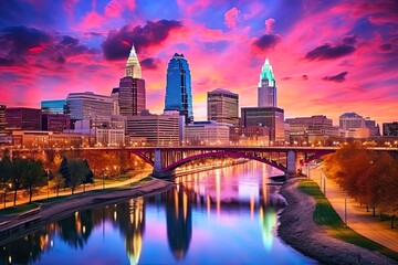 Wall Mural - Columbus Ohio Skyline at Sunset. Cityscape of Downtown Columbus, Twilight Sky, Scioto River, and US Capital. Generative AI