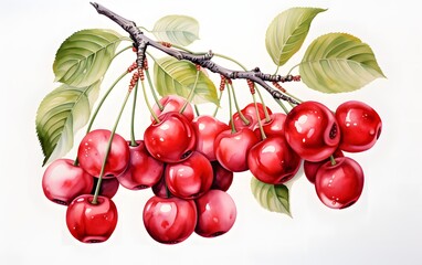 Sticker - Beautiful hand drawn watercolor cherry on branch. Ink painting fruits. generative ai
