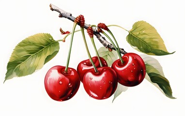 Sticker - Beautiful hand drawn watercolor cherry on branch. Ink painting fruits. generative ai