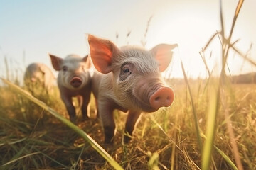 Happy pigs roaming free on farm meadow and mud. Farm animal welfare and care. Generative Ai