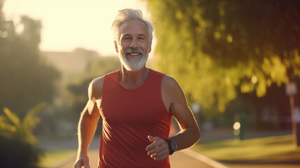 Wall Mural - a happy, lively, aged man in his 70s, in athletic gear, jogging in a vibrant park during spring, sunrise lighting