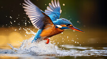 Azure Kingfisher Diving Into The River, Capturing A Fish, Action Shot, High - Speed, Splashing Water, Vibrant Colors