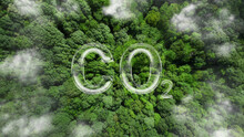 Reduce CO2 Emissions To Limit Climate Change And Global Warming. Co2 Bubbles With Forest.carbon Dioxide CO2 Molecules. Low Greenhouse Gas Levels, Decarbonize, Net Zero Carbon Dioxide Footprint.