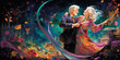 © Marco Attano - an elderly couple dancing passionately, vibrant colors, flowing lines, in a romantic setting, under the moonlight, surrounded by music notes