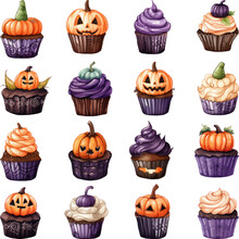 Set Of Halloween Pumpkin Cupcakes Watercolor Vector Illustration