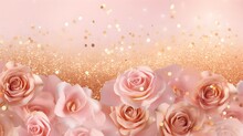 Rose Pink Glitter With Gold Sparkles Background. Defocused Abstract Christmas Lights On Background