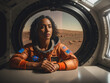 Digital photo of brutal  athletic, self-confident african american female astronaut inside the Martian space station