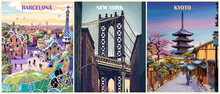 Set Of Travel Destination Posters In Retro Style. Barcelona, Spain, New York, USA, Kyoto, Japan Prints. Exotic Summer Vacation, International Holidays. Vintage Vector Colorful Illustrations.