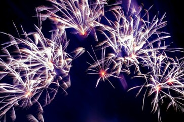 Canvas Print - Abstract background - bright beams of festive colorful fireworks against black night sky.