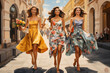 © serperm73 - Three young women girlfriends go shopping. Women on the city street. AI generated.