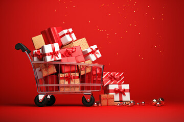 Shopping card full of presents. Gift boxes with red bows in a supermarket trolley. Christmas and New Year sale minimal concept. Gifts in toy shopping cart