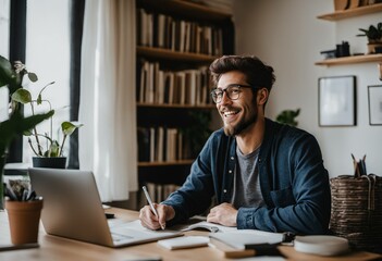 Young handsome happy man working from home on laptop and smiling