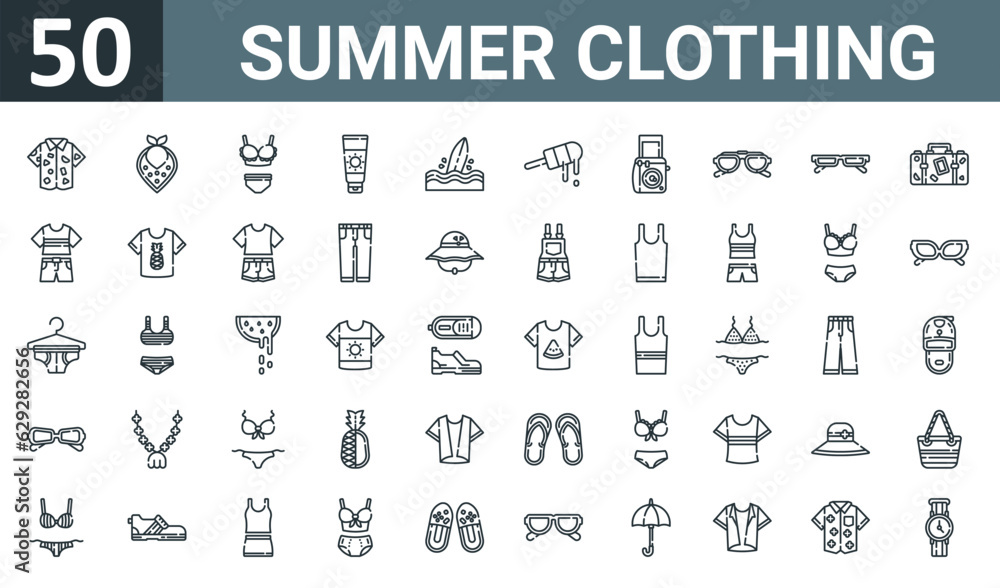 set of 50 outline web summer clothing icons such as shirt, shawl ...