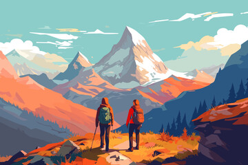 vector of couple hiking in the mountains of the alpes