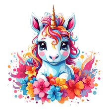 Cute Baby Unicorn, T-shirt Design Colorful Fantasy Floral Vector Illustration