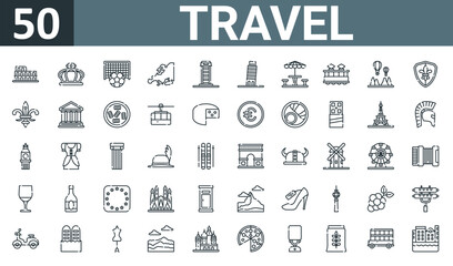 Wall Mural - set of 50 outline web travel icons such as colosseum, crown, soccer, europe, phone booth, leaning tower of pisa, terrace vector thin icons for report, presentation, diagram, web design, mobile app.