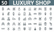 © MacroOne - set of 50 outline web luxury shop icons such as watch, vip, diamond ring, diamond ring, necklace, earrings, treasure vector thin icons for report, presentation, diagram, web design, mobile app.