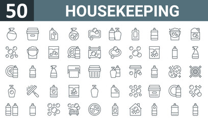 Wall Mural - set of 50 outline web housekeeping icons such as perfume, laundry, softener, spray, bathtub, bottles, cleaner vector thin icons for report, presentation, diagram, web design, mobile app.